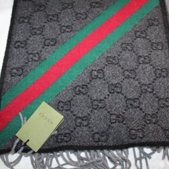 NWT GUCCI New Nikky Wool GG Monogram Web Scarf Tassel Charcoal Unisex 37 x 190 - Picture 9 of 12